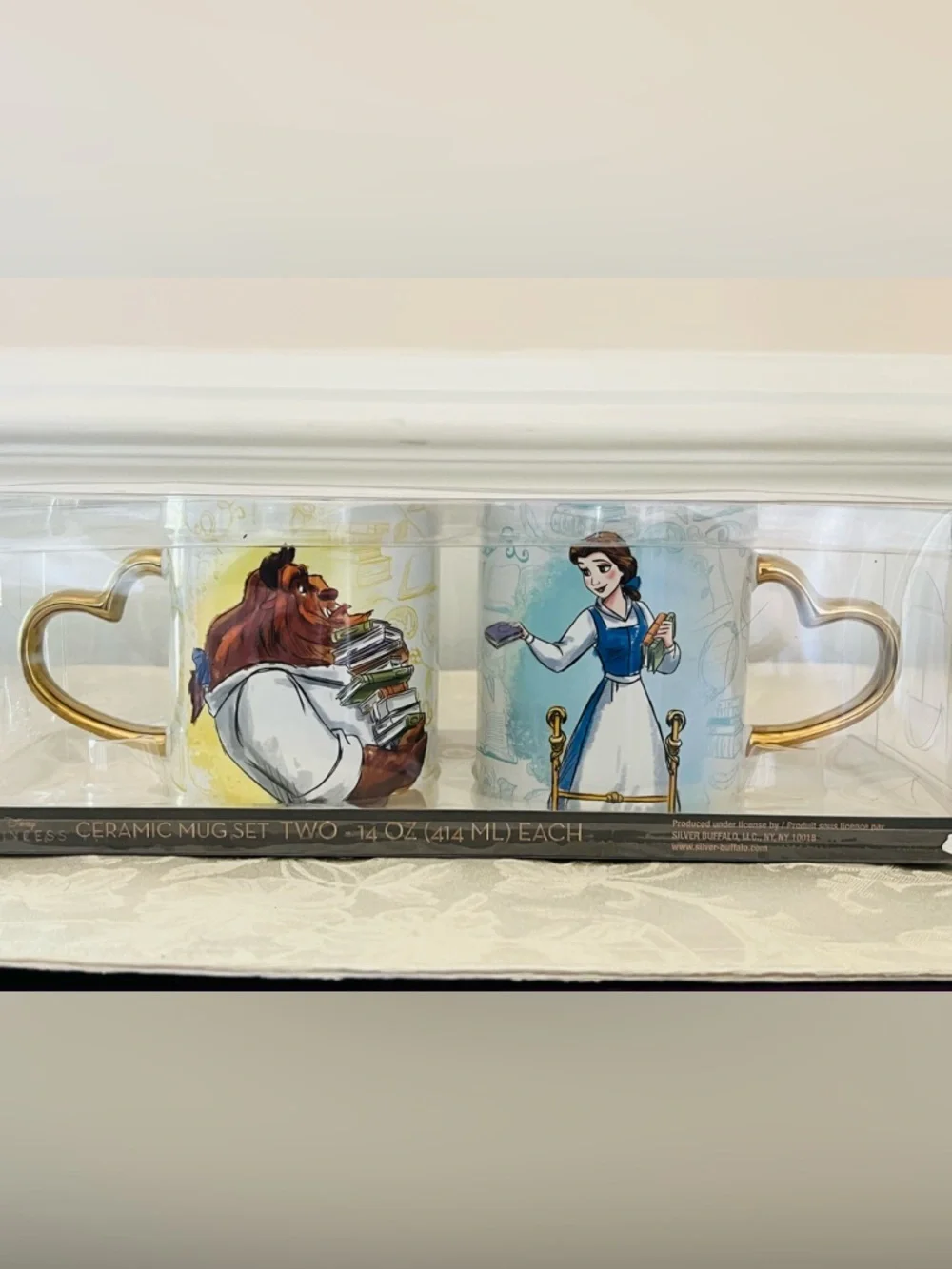 Disney Beauty and the Beast Heart Handle 14oz. Mug Set, NEW IN BOX